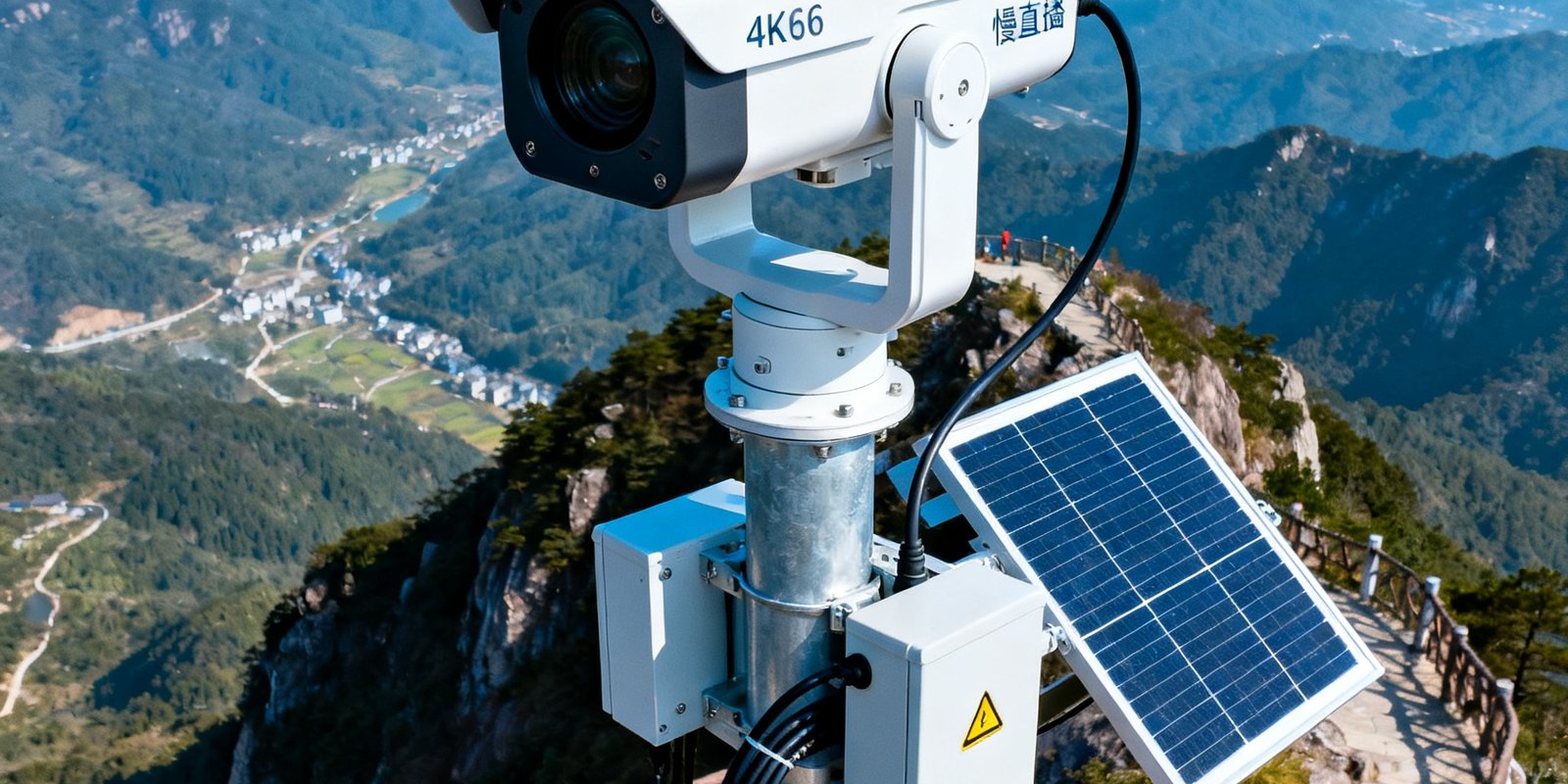 高山景区慢直播系统部署现场，4K超清摄像头安装于制高点，全天候实时画面通过光纤传输至云端，配合太阳能供电系统